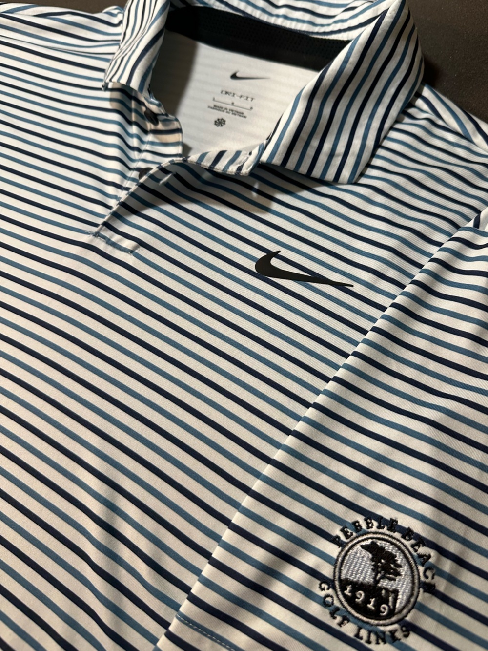 Nike Men’s Blue and White Striped Dri-FIT Golf Polo x Pebble Beach Golf Links